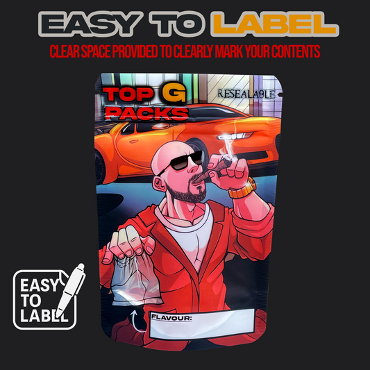 Product packaging with a person in a red jacket and sunglasses, an orange car, and text about 'Top G Packs' and 'Easy to Label'.