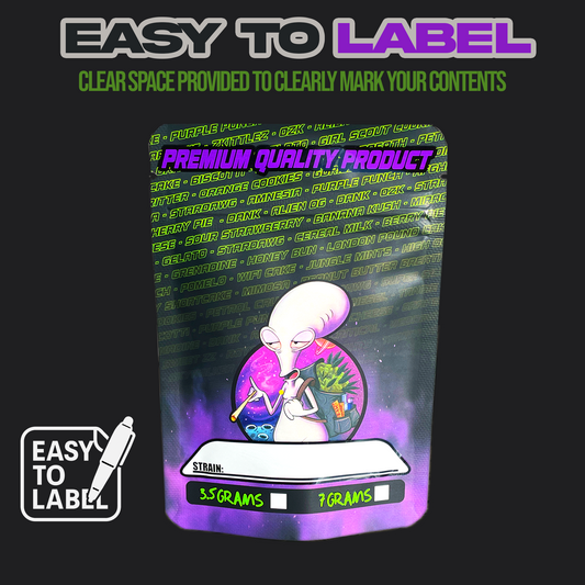 Premium 3.5g printed Mylar bags featuring colourful design, high quality direct printing, resealable packaging and full colour front and back artwork.