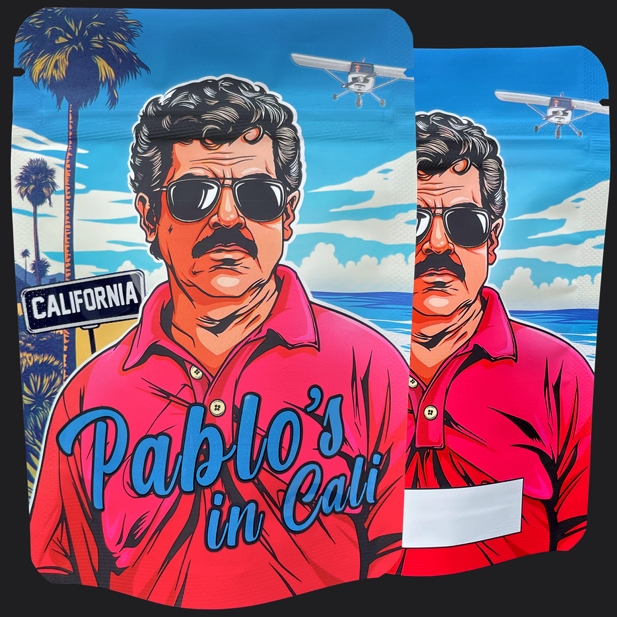 Illustration of a character in a pink shirt with 'Pablo's in Cali' text, set against a beach scene with palm trees and an airplane.