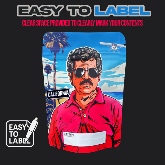 Illustration of a man in a red shirt with sunglasses, palm trees, and an airplane in the background, labeled 'Easy to Label'.