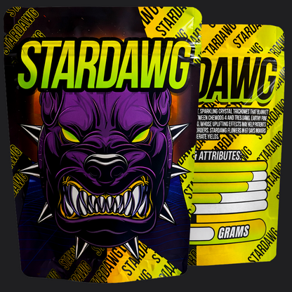 Stardawg product packaging with a purple dog illustration and yellow text on a black background.
