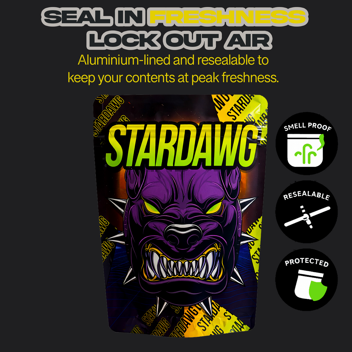 Stardawg packaging with a stylized dog illustration and product features on a dark background.